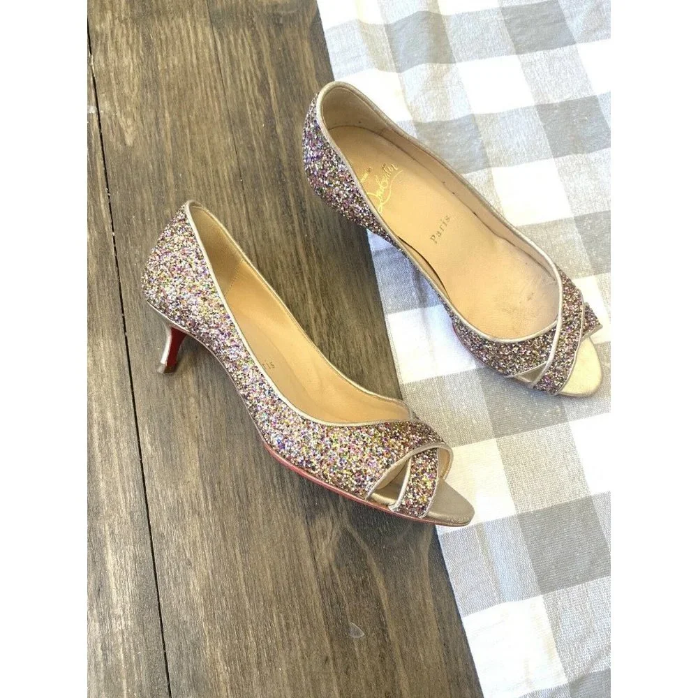 Christian Louboutin Authentic Rainbow Glitter Peep Toe Pumps EU 36 Size 4.5 - Picture 2 of 10